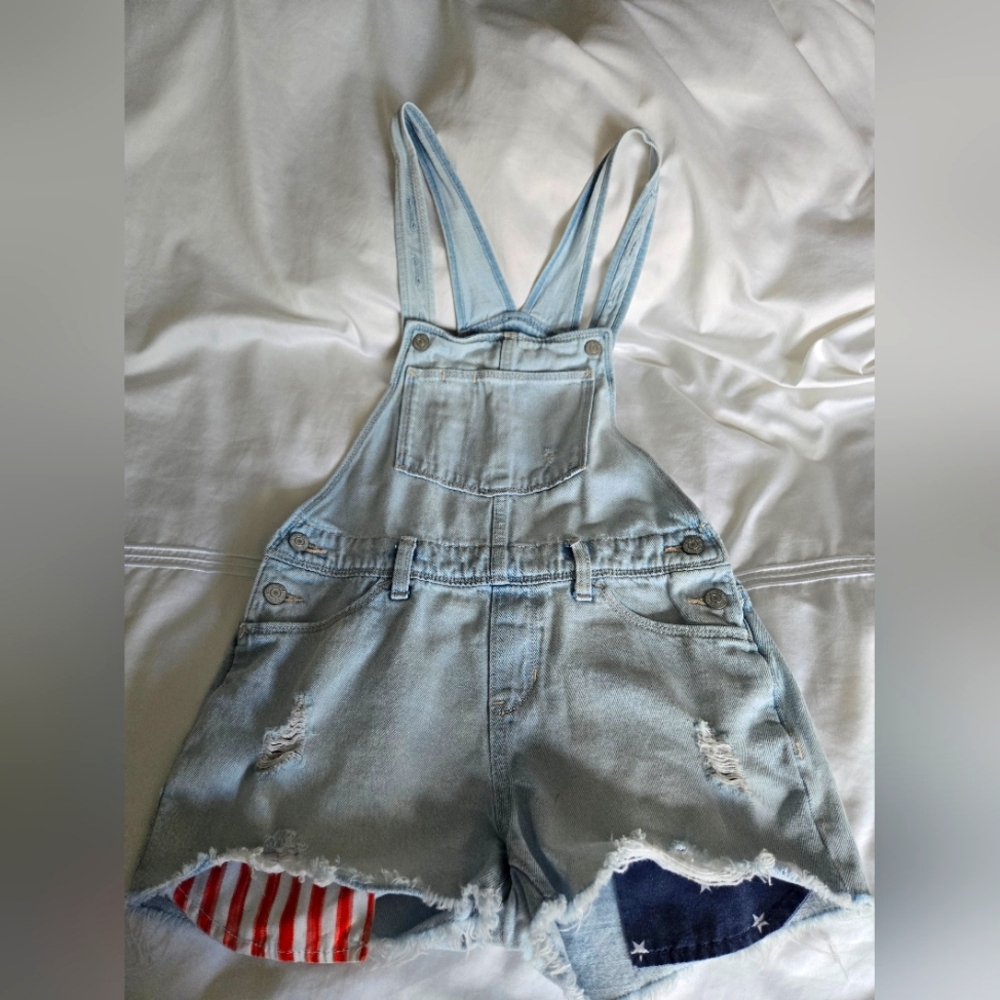 Girl's Patriotic Slouchy Denim Overalls XL/14